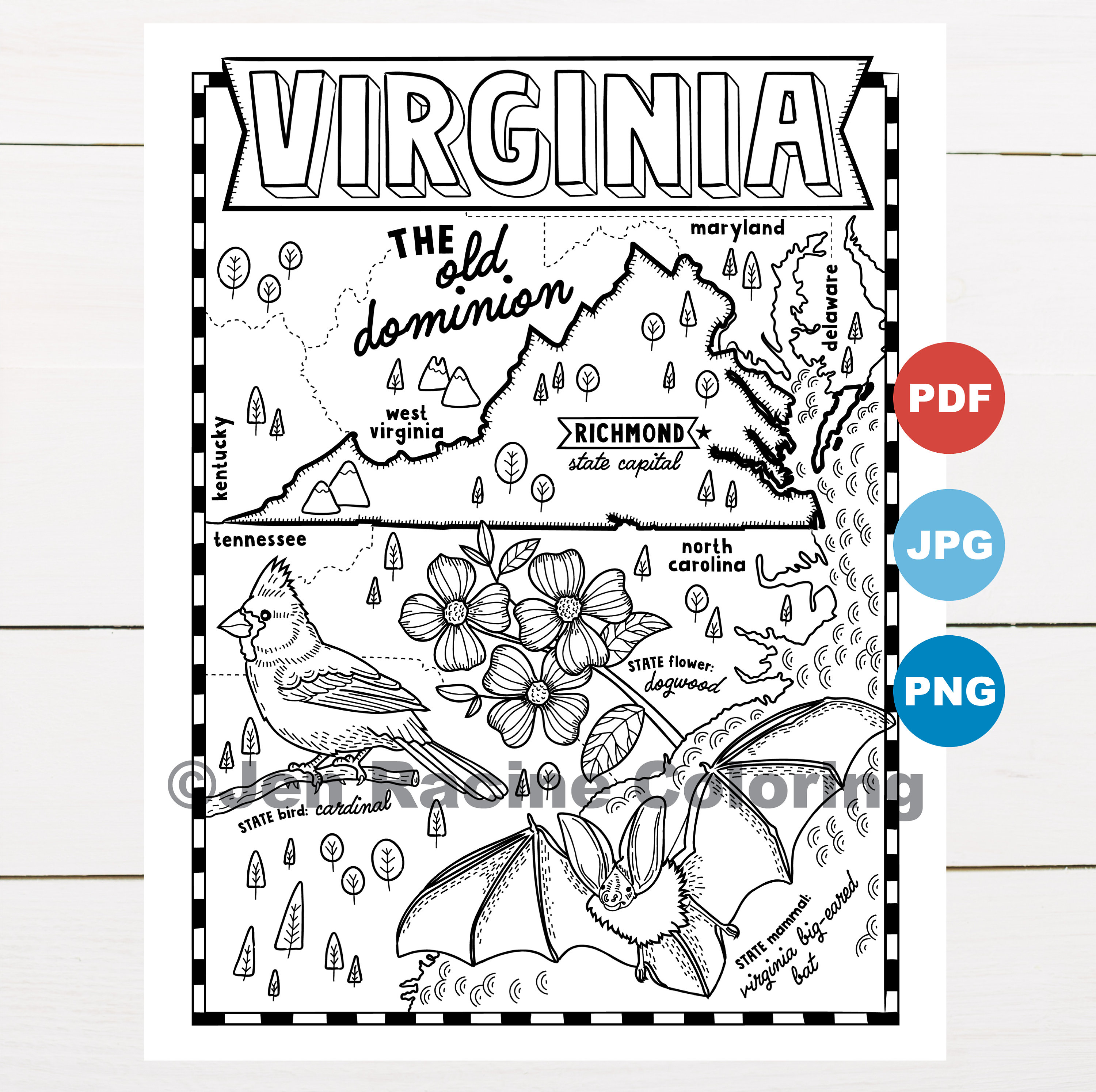 Virginia coloring page united states state map wildlife state symbols flowers coloring pages instant download