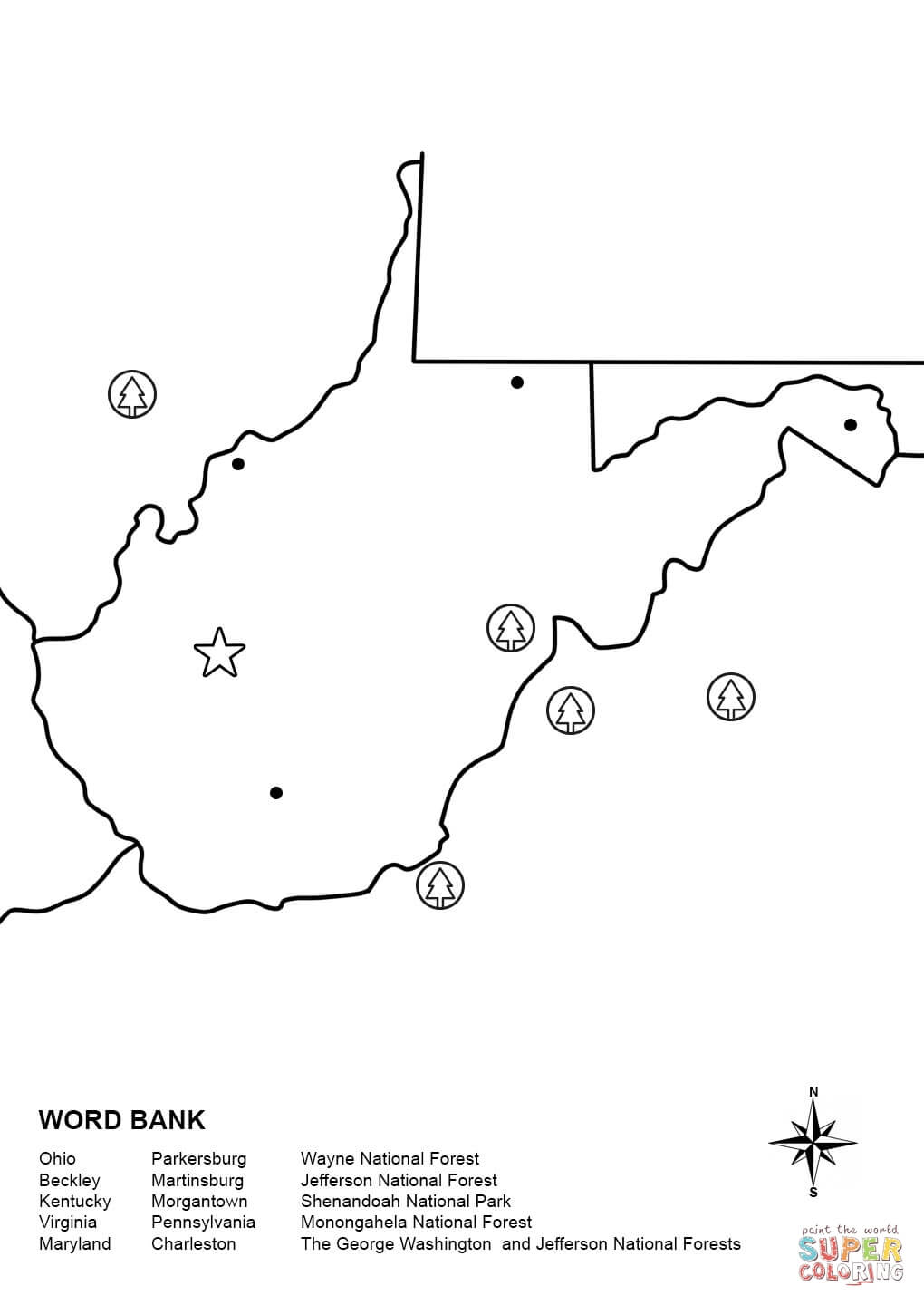 West virginia map worksheet coloring page free printable coloring pages