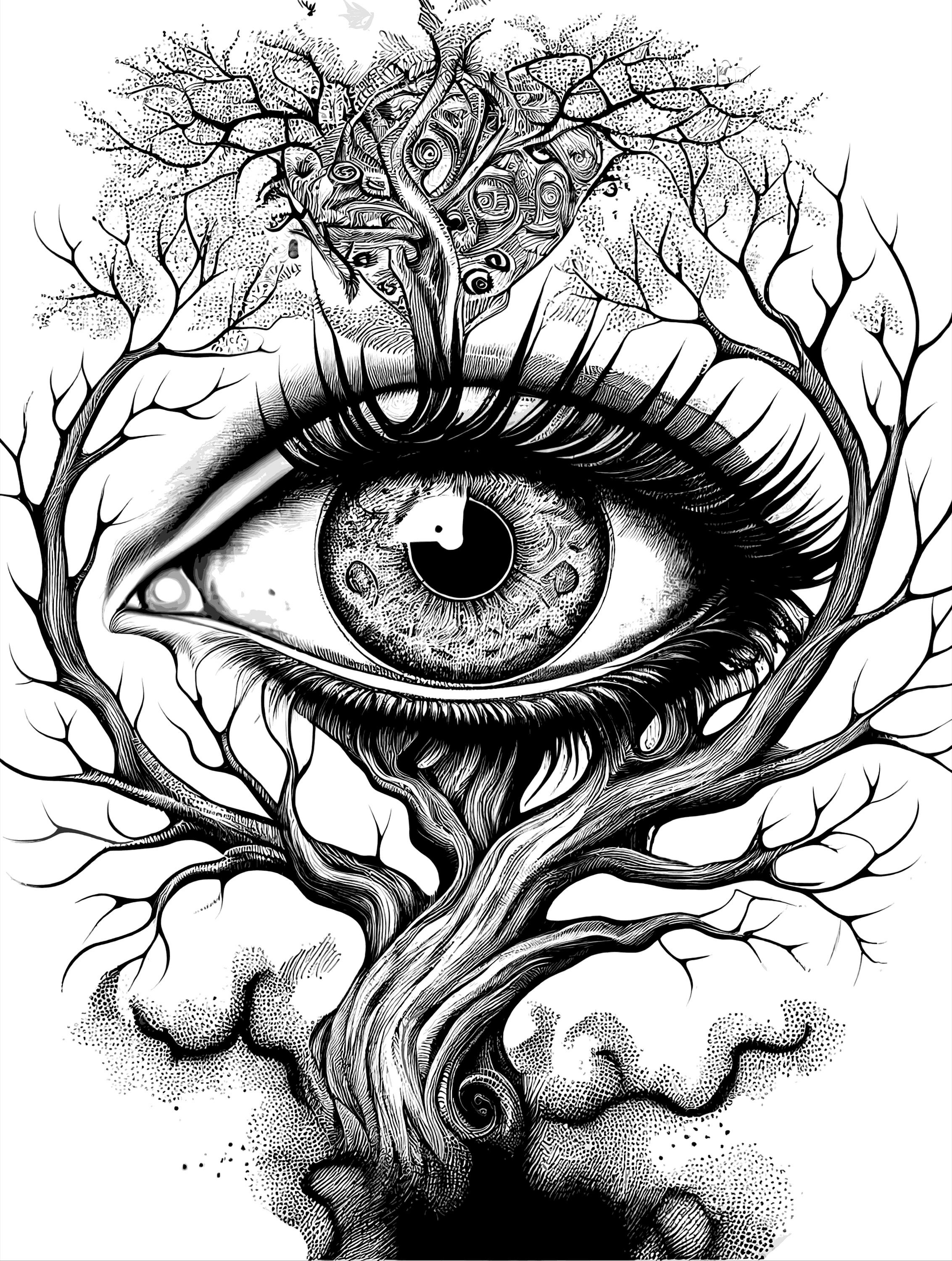 A branching vision coloring page fantasy adult coloring sheet of an eye on a tree instant digital download last