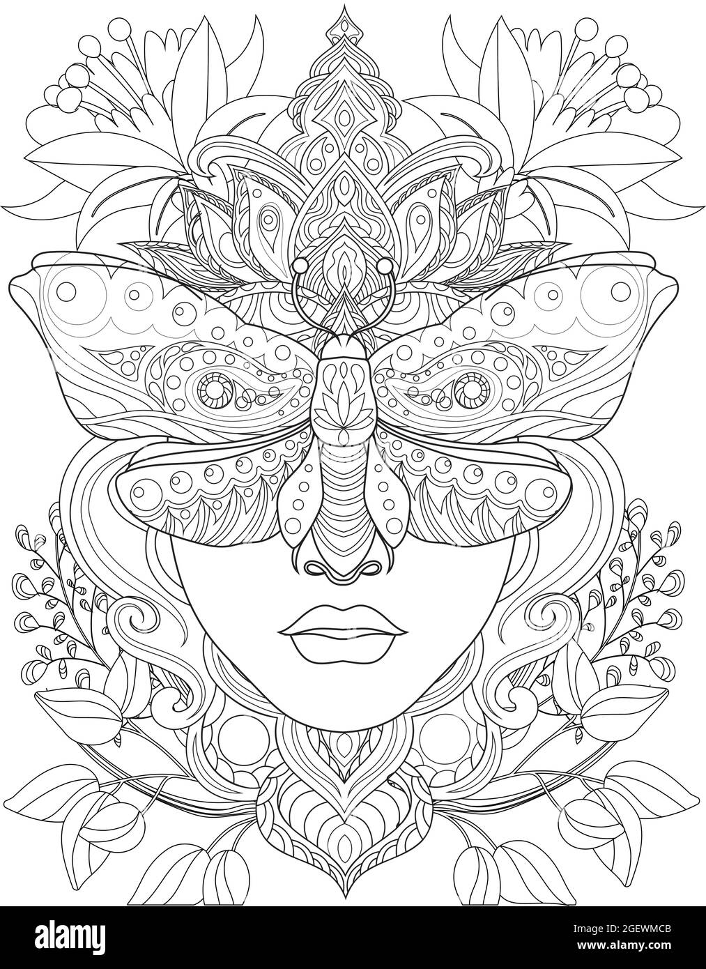 Woman head facing front eyes covered with a moth colorless line drawing lady with crown butterfly covering vision coloring book page stock vector image art