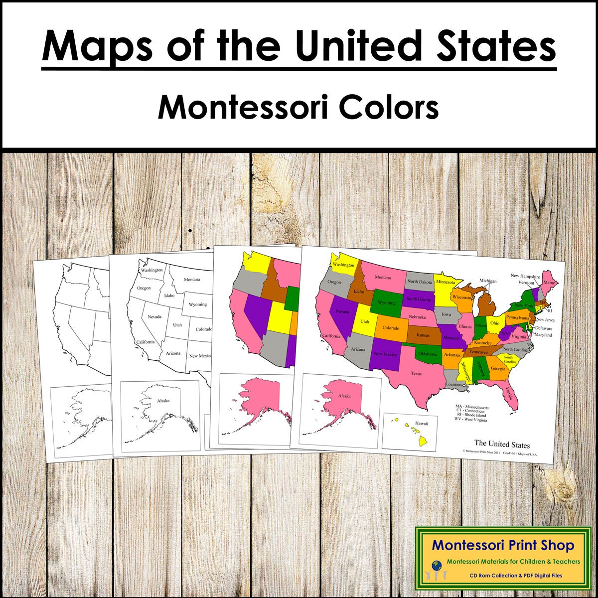 Kaarten van de verenigde staten van amerika color blackline montessori geografie afdrukbare montessori