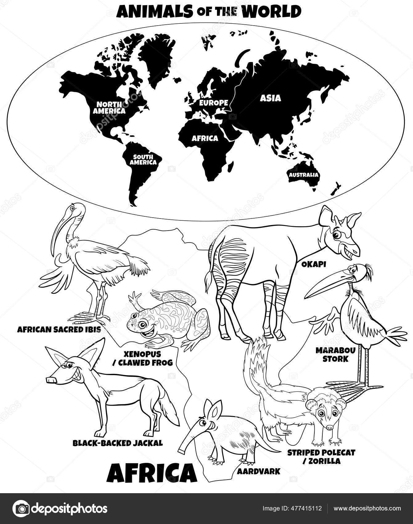 Zwart wit educatieve cartoon illustratie van afrikaanse diersoorten wereldkaart met stockvector door izakowski