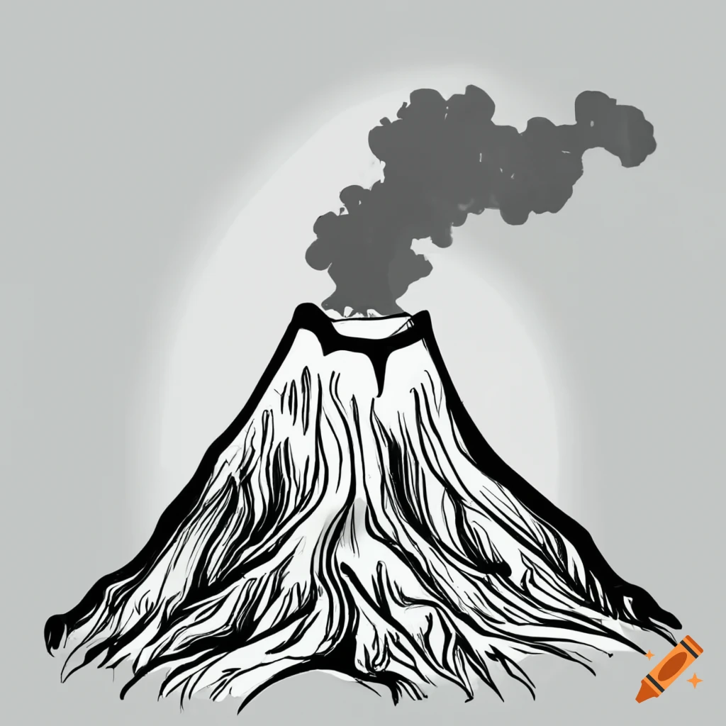 Black and white line art sketch of a volcano on