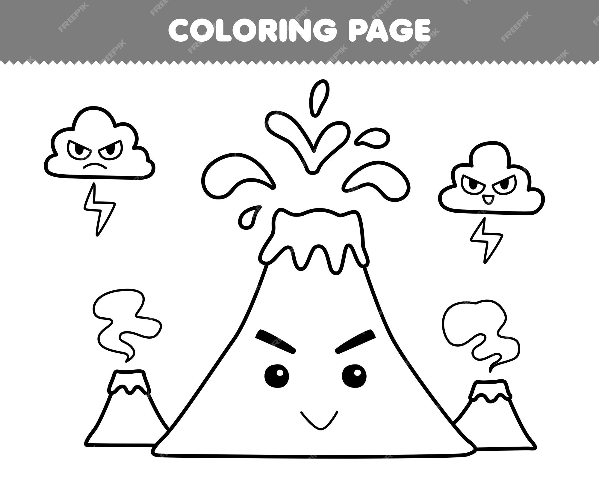 Premium vector education game for children coloring page of cute cartoon volcano and cloud with thunder line art printable nature worksheet