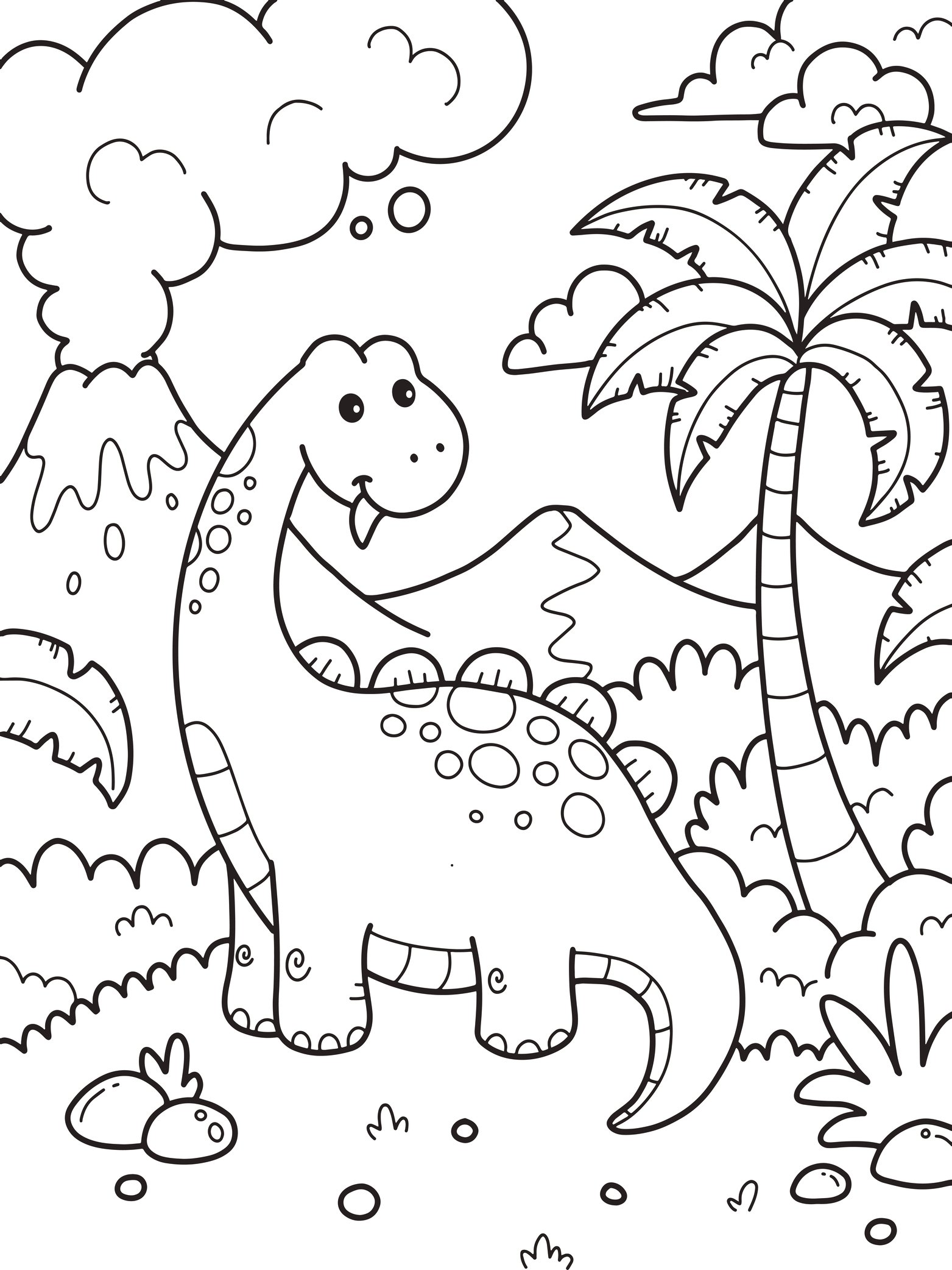 Coloring pages dinosaur near a volcano printable