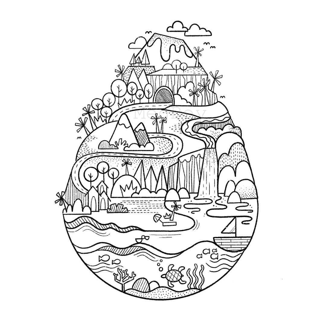 Volcano island digital download coloring page