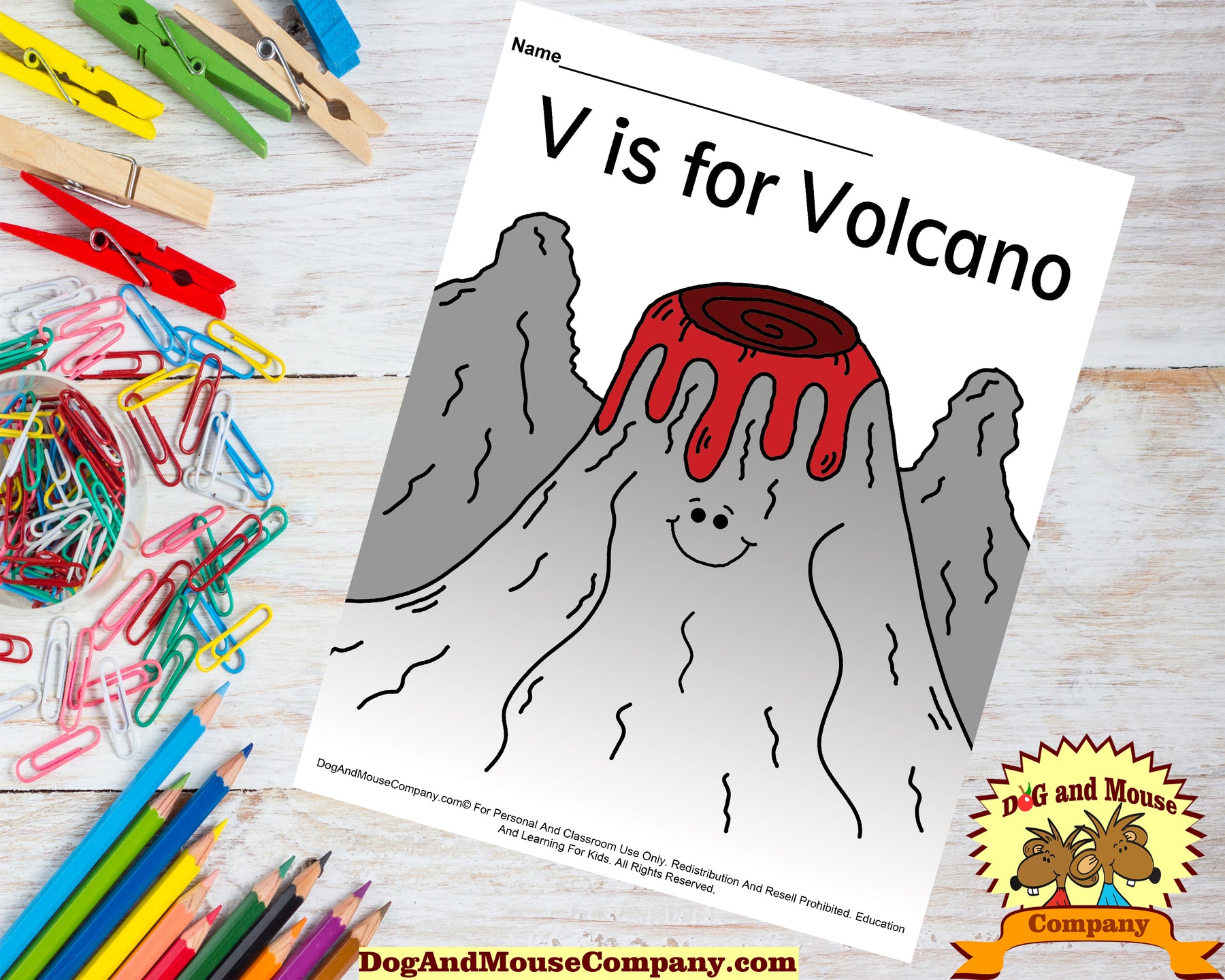 V is for volcano colored template learn your abcs worksheet print â dog and mouse pany