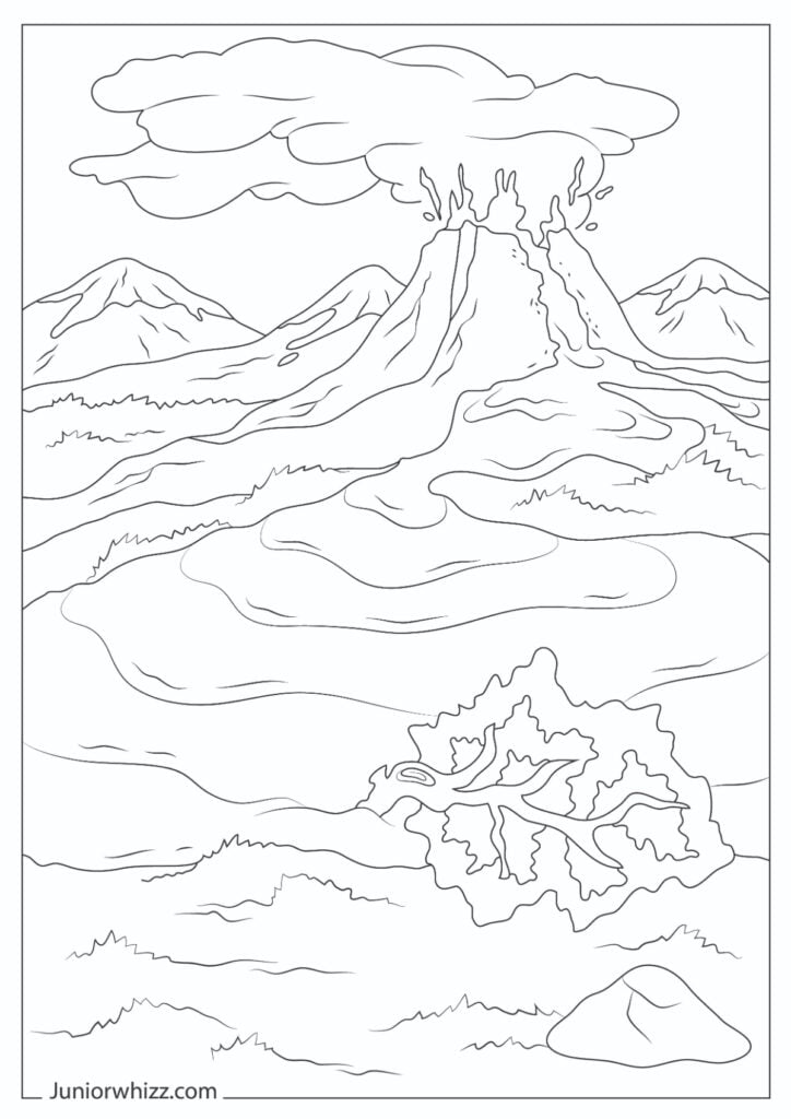 Volcano coloring pages with book printable pdfs