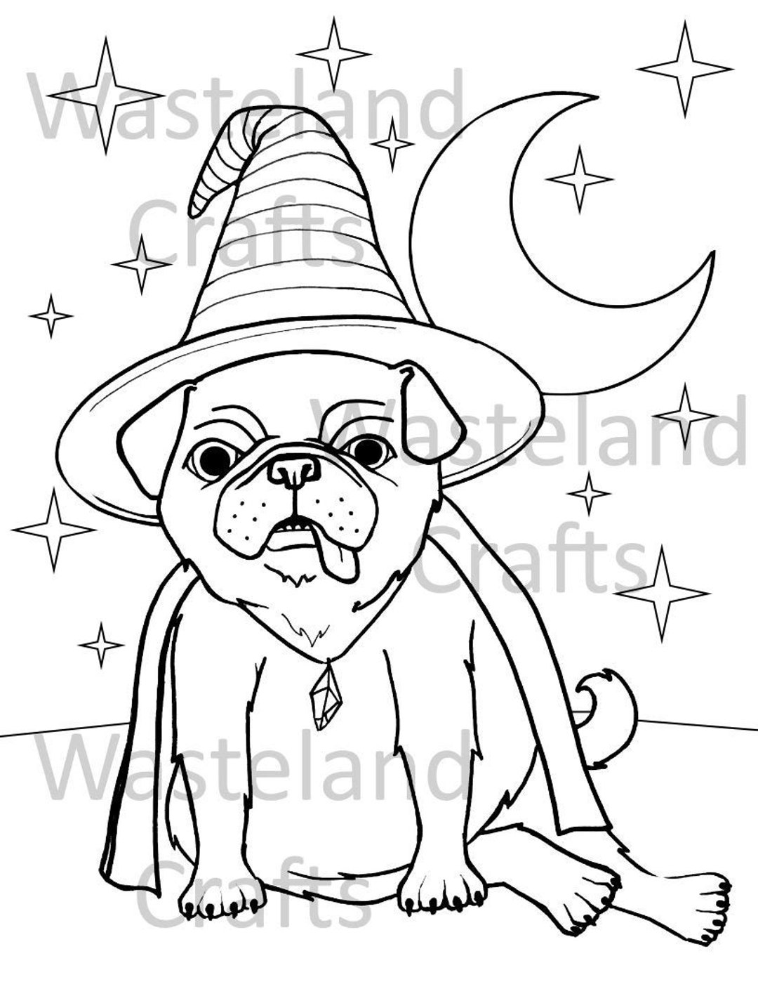 Pug witch halloween coloring page instant digital download