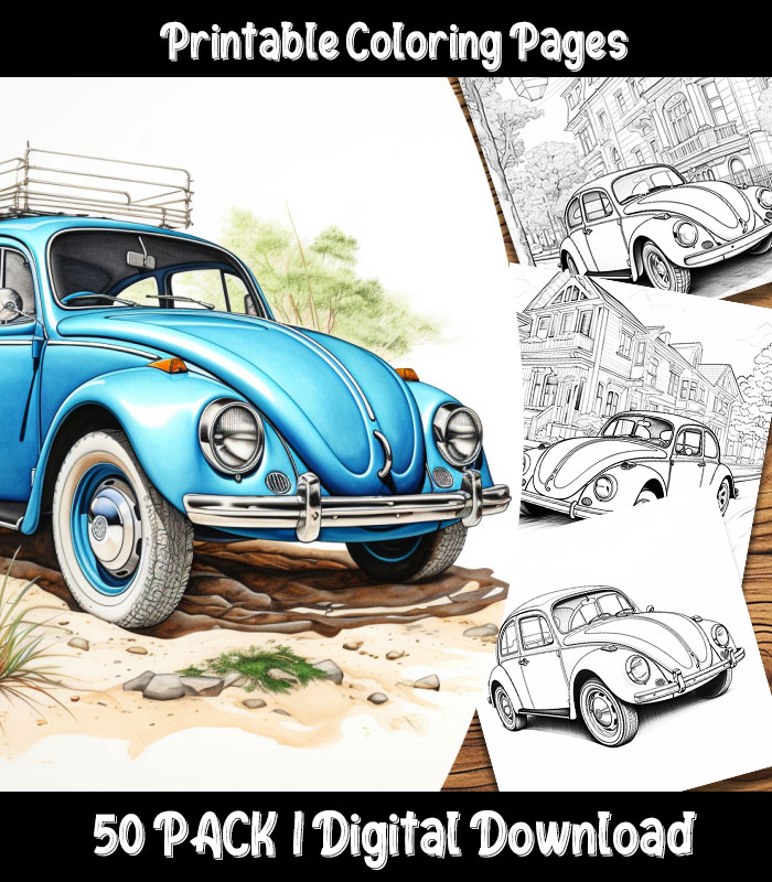 Volkswagen bug coloring pages digital pack