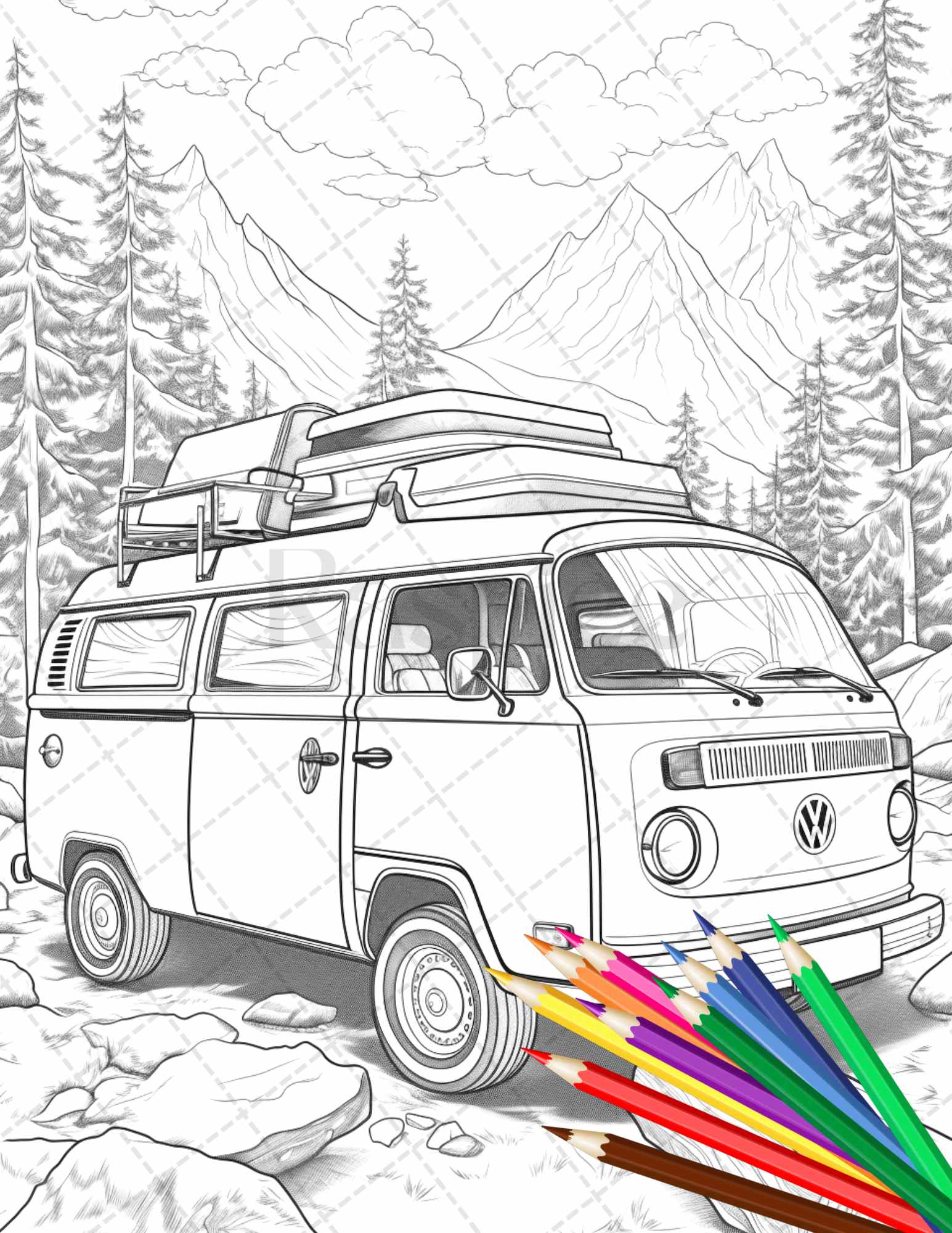 Campervan adventure grayscale coloring pages printable for adults â coloring