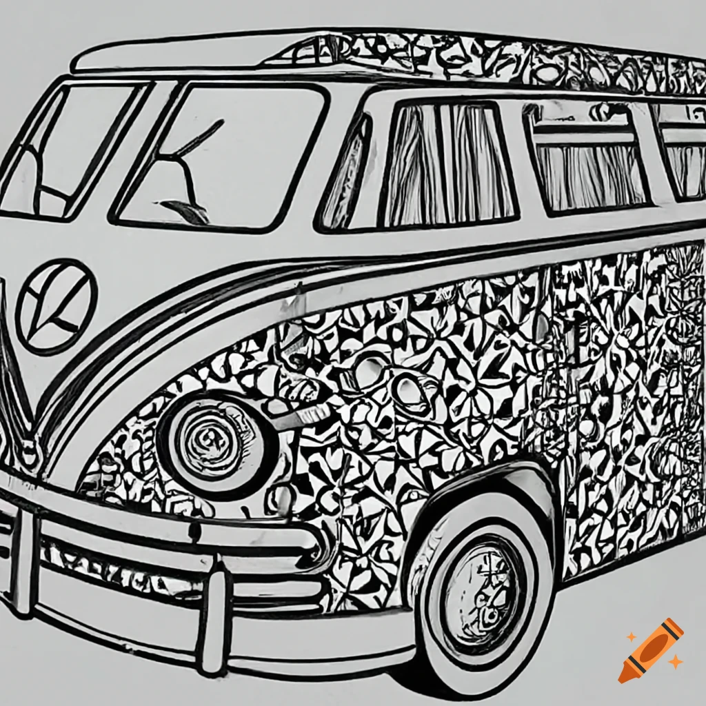 Psychadelic volkswagon van as a coloring book page on