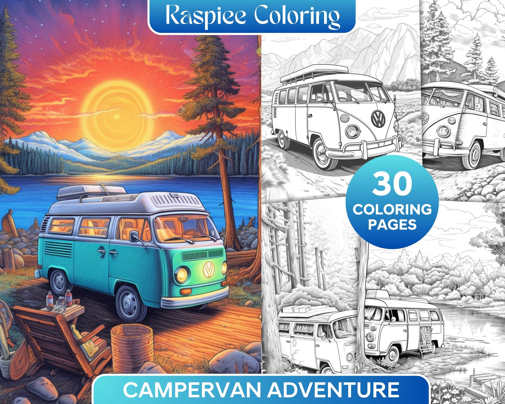 Campervan adventure grayscale coloring pages printable for adults â coloring