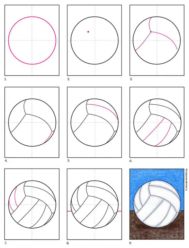 Easy how to draw a volleyball tutorial and coloring page