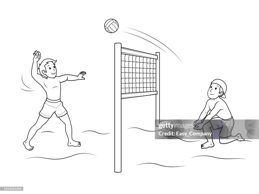 Vector illustration of beach volleyball players playing with the ball isolated on white background kids coloring page drawing art first word flash card color cartoon character clipart high