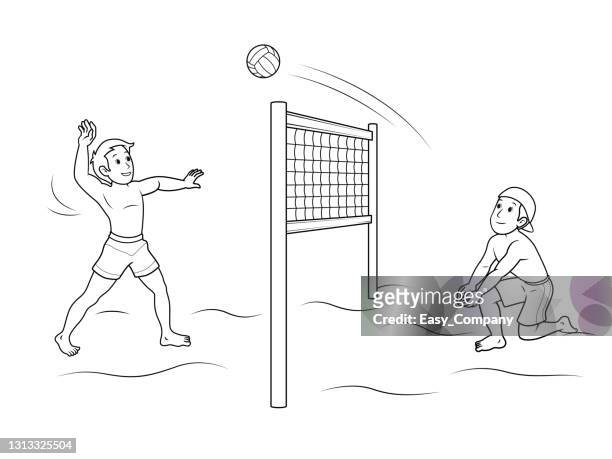 Vector illustration of beach volleyball players playing with the ball isolated on white background kids coloring page drawing art first word flash card color cartoon character clipart high