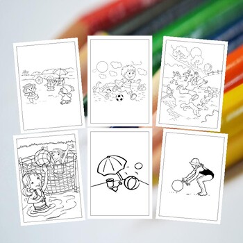 Active beach adventures coloring pages for soccer volleyball and more