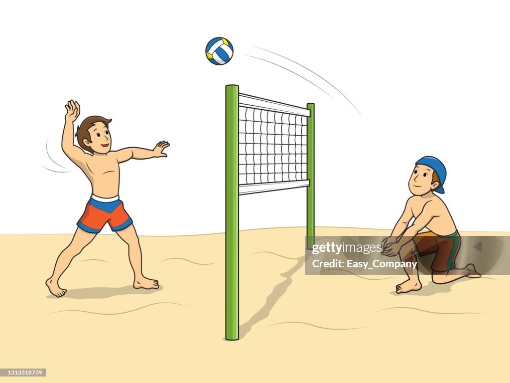 Vector illustration of beach volleyball players playing with the ball isolated on white background kids coloring page drawing art first word flash card color cartoon character clipart high