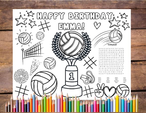 Customizable printable volleyball birthday coloring pages volleyball party favor volleyball party activity activity placemat