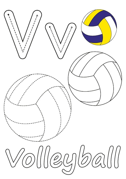 Premium vector coloring pages of volleyball and the letter v suitable for use in childrens coloring books