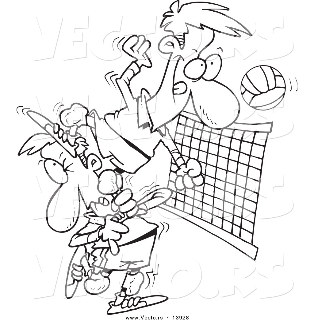 R of a cartoon male volleyball player stepping on a team mate to hit the ball