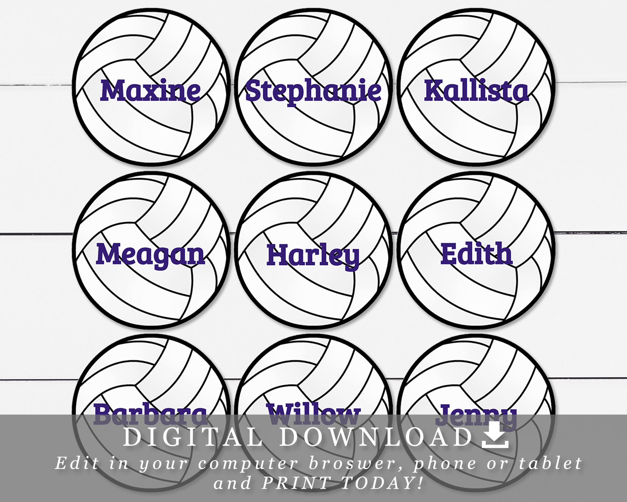 Volleyballs with editable names text printable cupcake toppers tags diy template