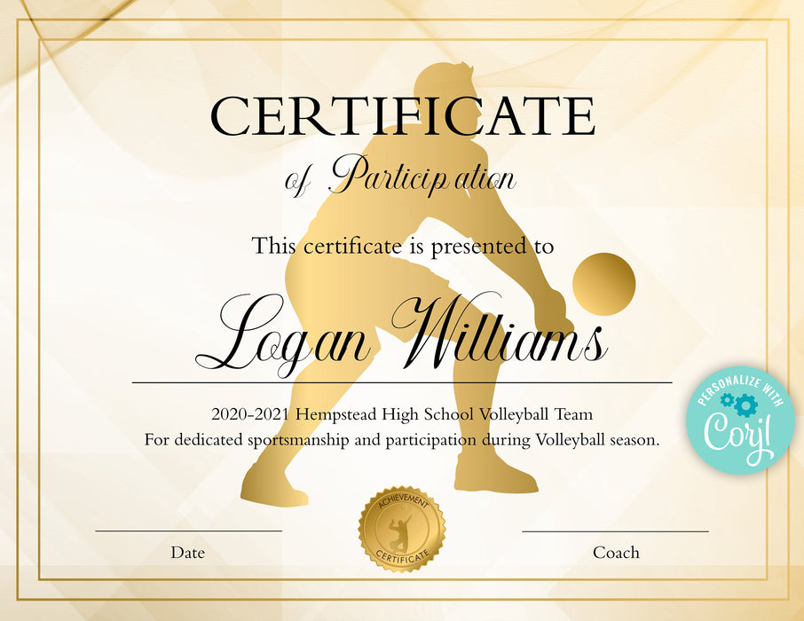 Editable boys volleyball certificate template boys volleyball partici â posh park