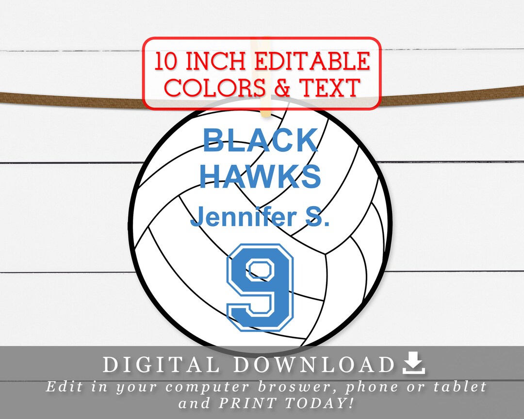 Volleyball with editable team name player names and numbers banner diy template printable