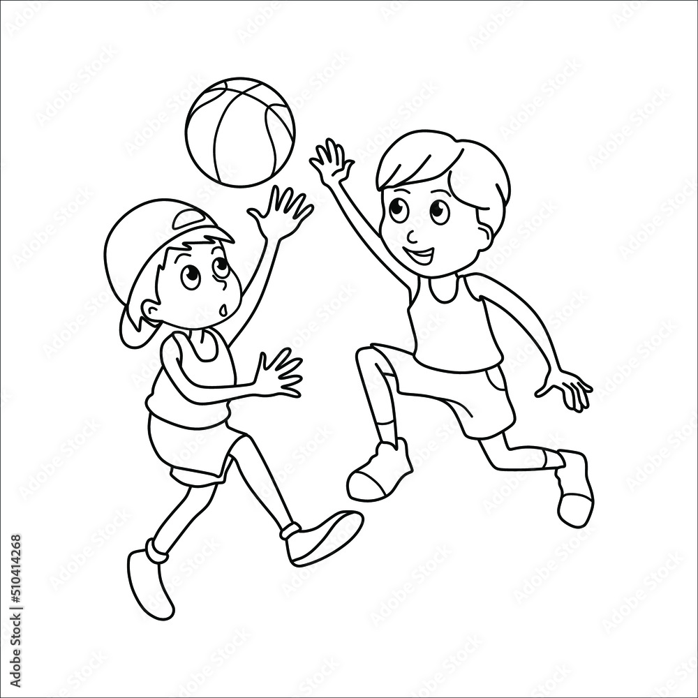 Black and white contoured cartoon kids playing ball basketball volleyball childrens coloring page vector