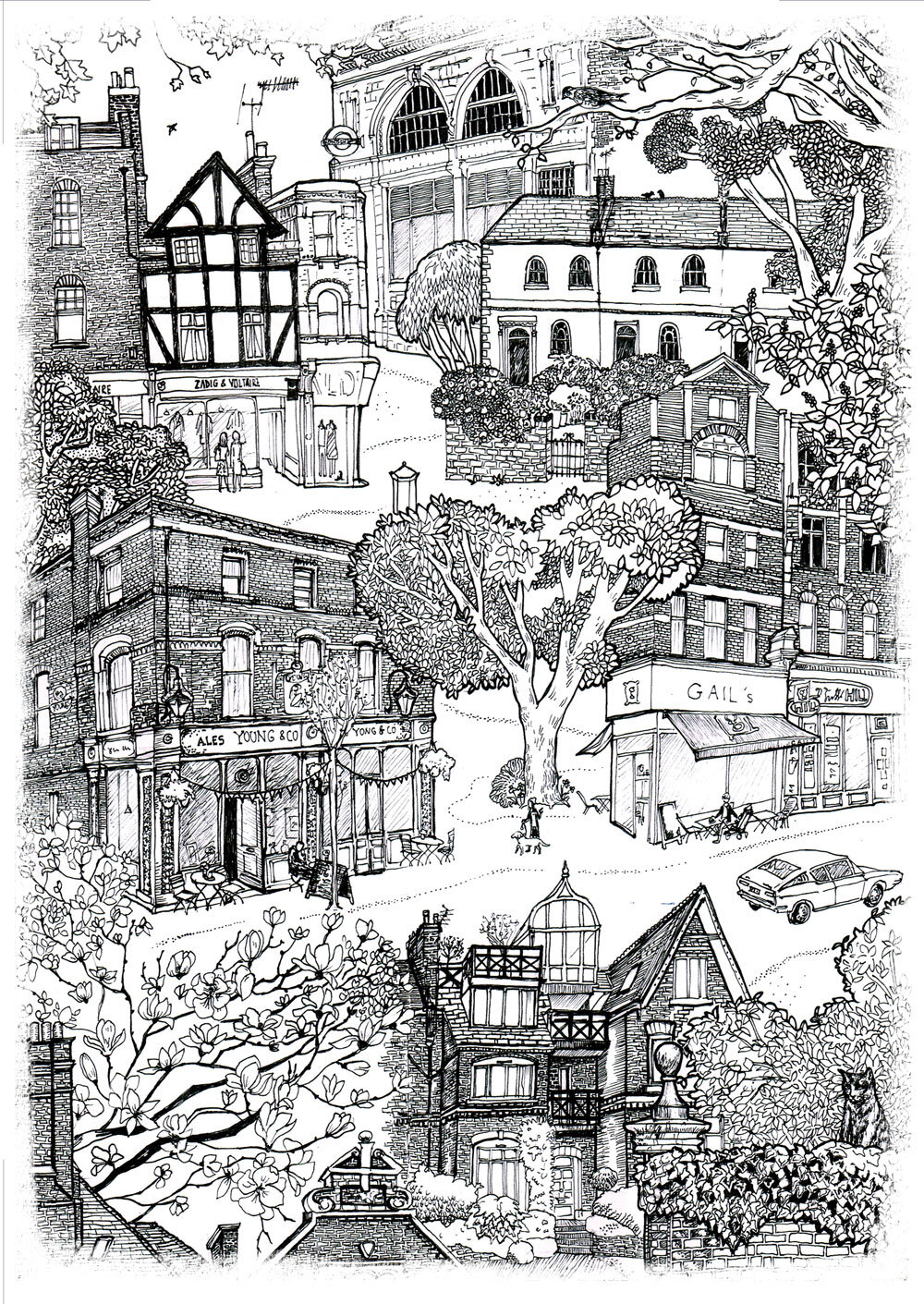 Hampstead in spring art print london street illustration with a car â wind on paper