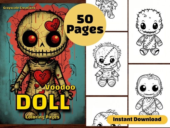 Voodoo doll coloring page book halloween creepy chibi sinister printable pdf sheet instant download grayscale coloring adults kids