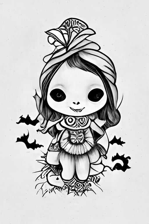 Black and white psychedelic halloween horror chibi kawaii coloring page for adultskawaii printable outlined art festive intricate details crisp lines highly detailed