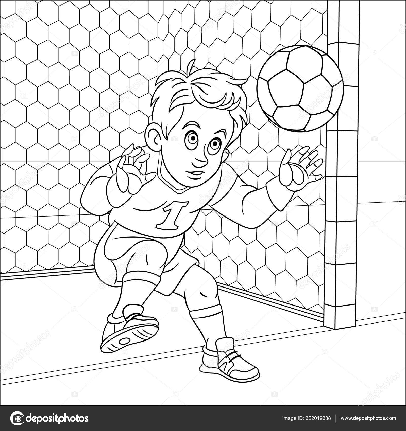 Coloring page with boy football goalkeeper stock vector by sybirko