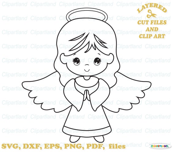 Instant download cute angel outline svg cut files and clip art digital stamp coloring page personal and mercial use a