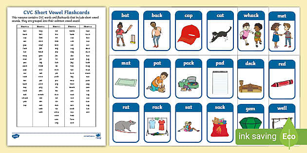 Cvc short vowels flashcards teacher