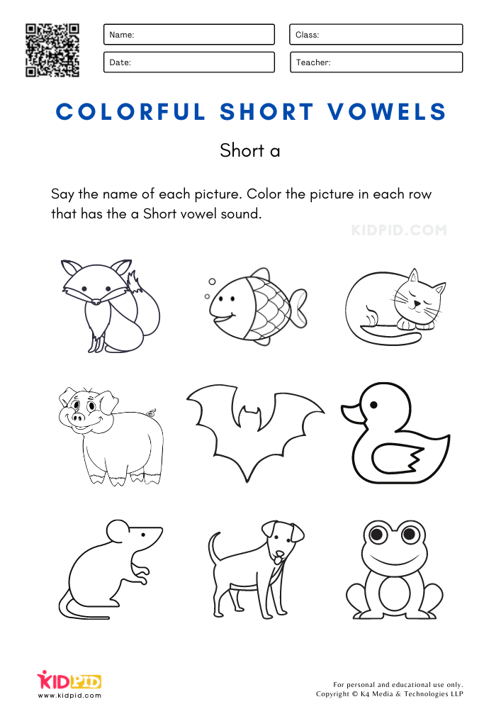 Short vowels coloring worksheets for kids