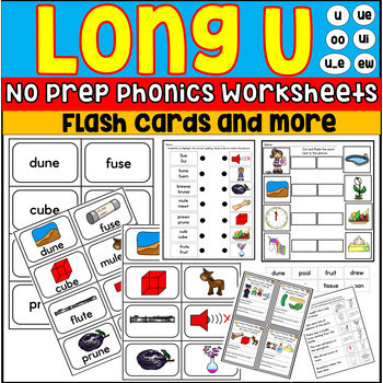 Long vowel u phonics worksheets flash cards coloring cut and paste