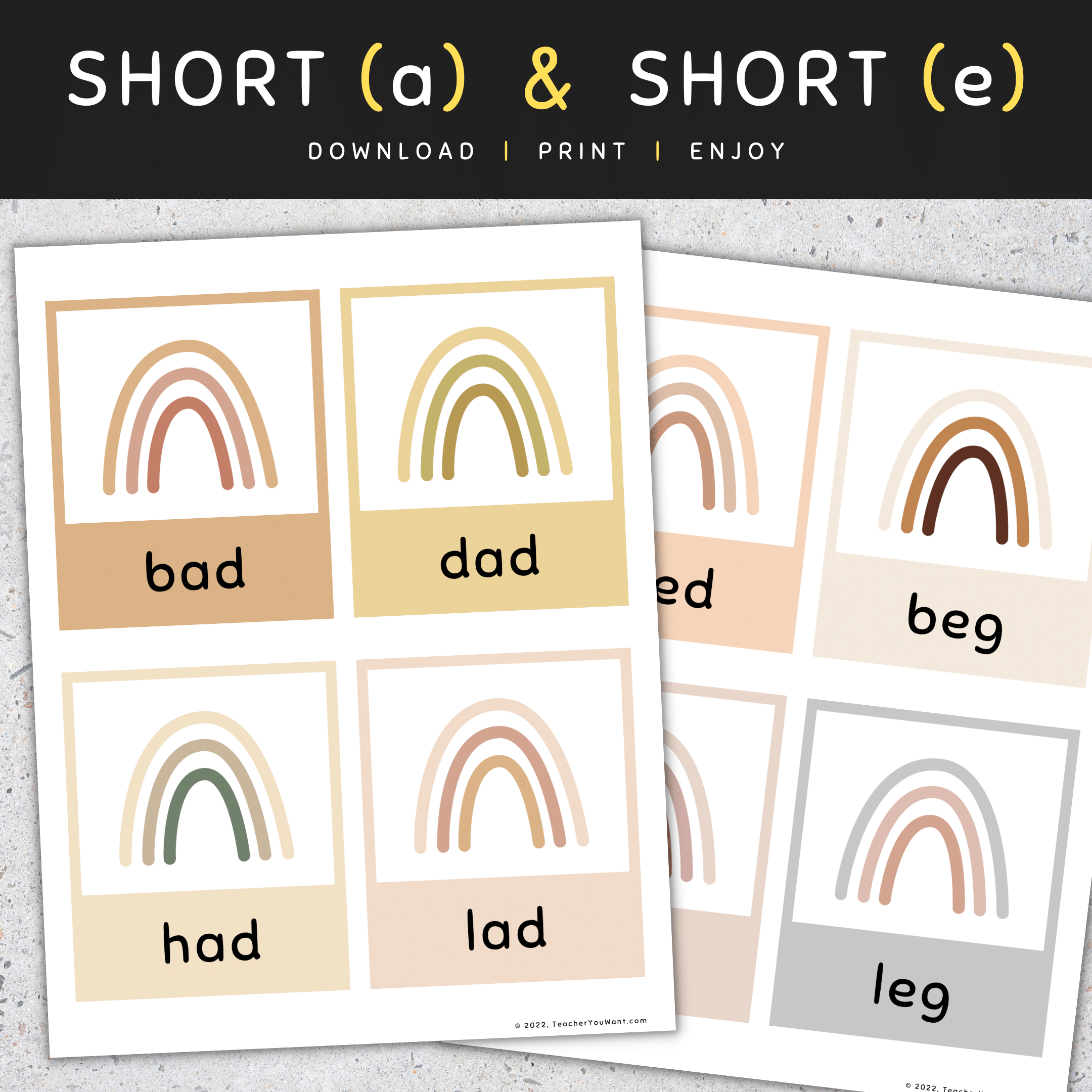 Cvc words flash cards short vowels a e i o u boho rainbow set made by teachers