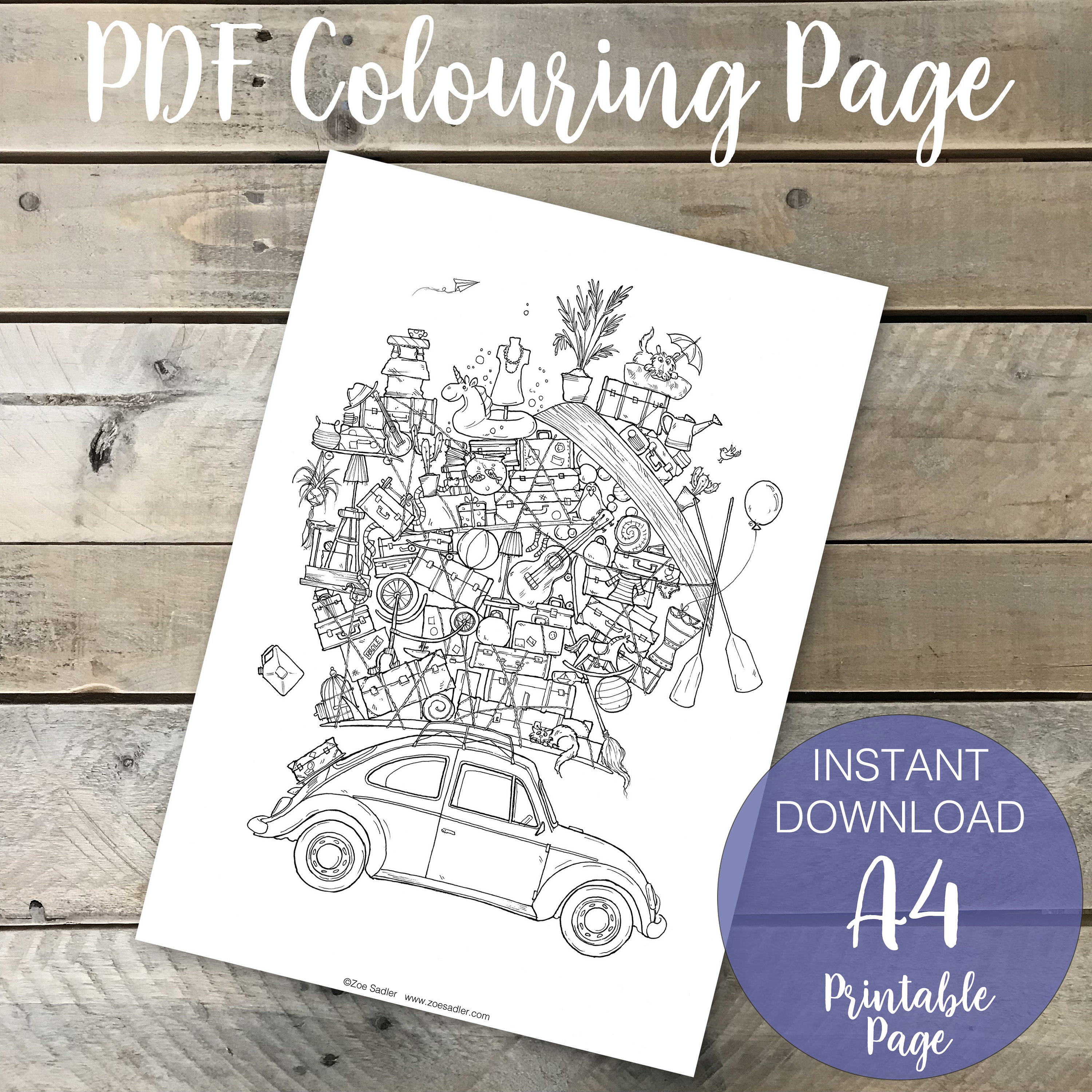 Vw beetle coloring page for adults vintage luggage art printable page