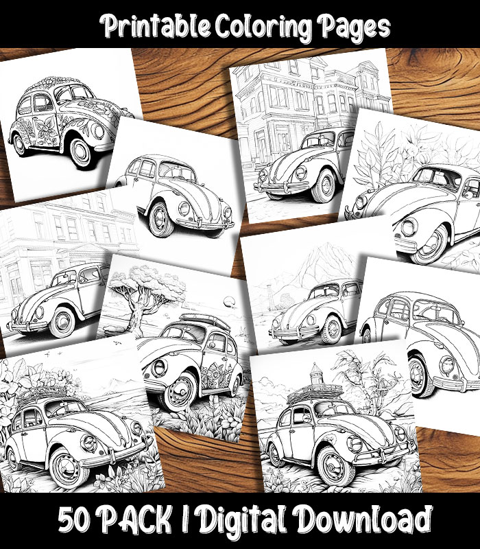 Volkswagen bug coloring pages digital pack