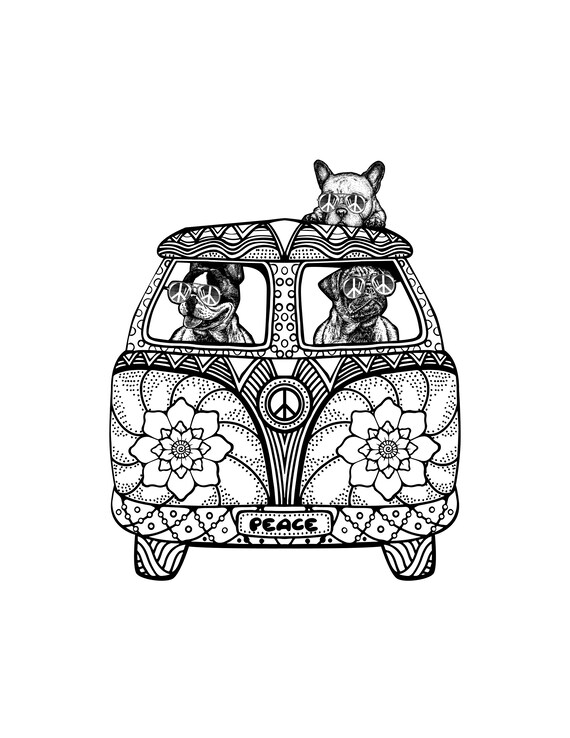 Bull dog van digital download camper van art hippie van coloring page