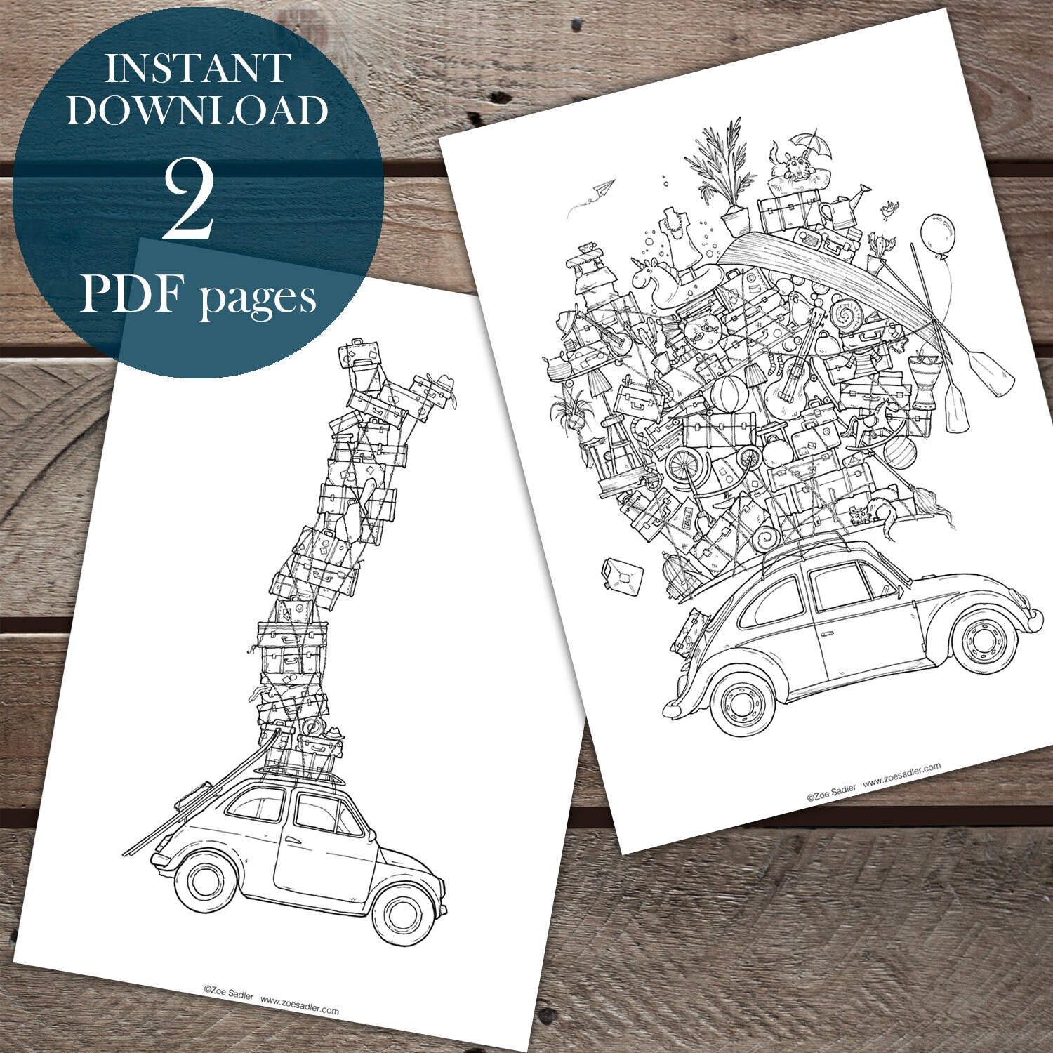 Classic car coloring pages for adults vintage luggage art printable page fiat and vw beetle