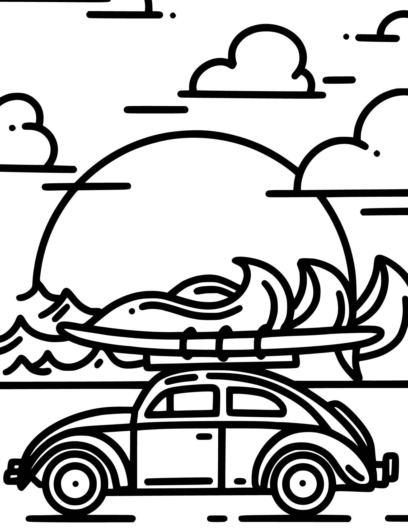 Vw bug surfing coloring pageprintable coloring page instant download