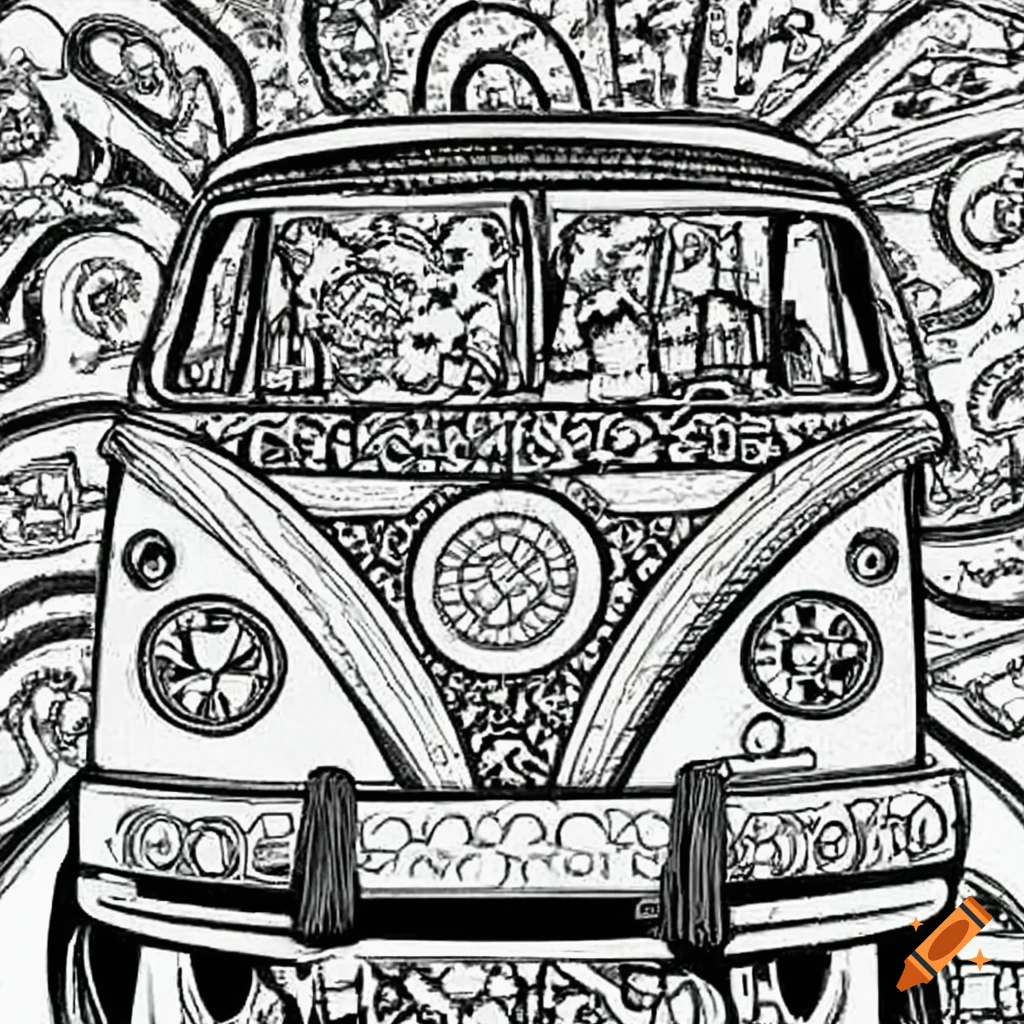 Psychadelic volkswagon van as a coloring book page on