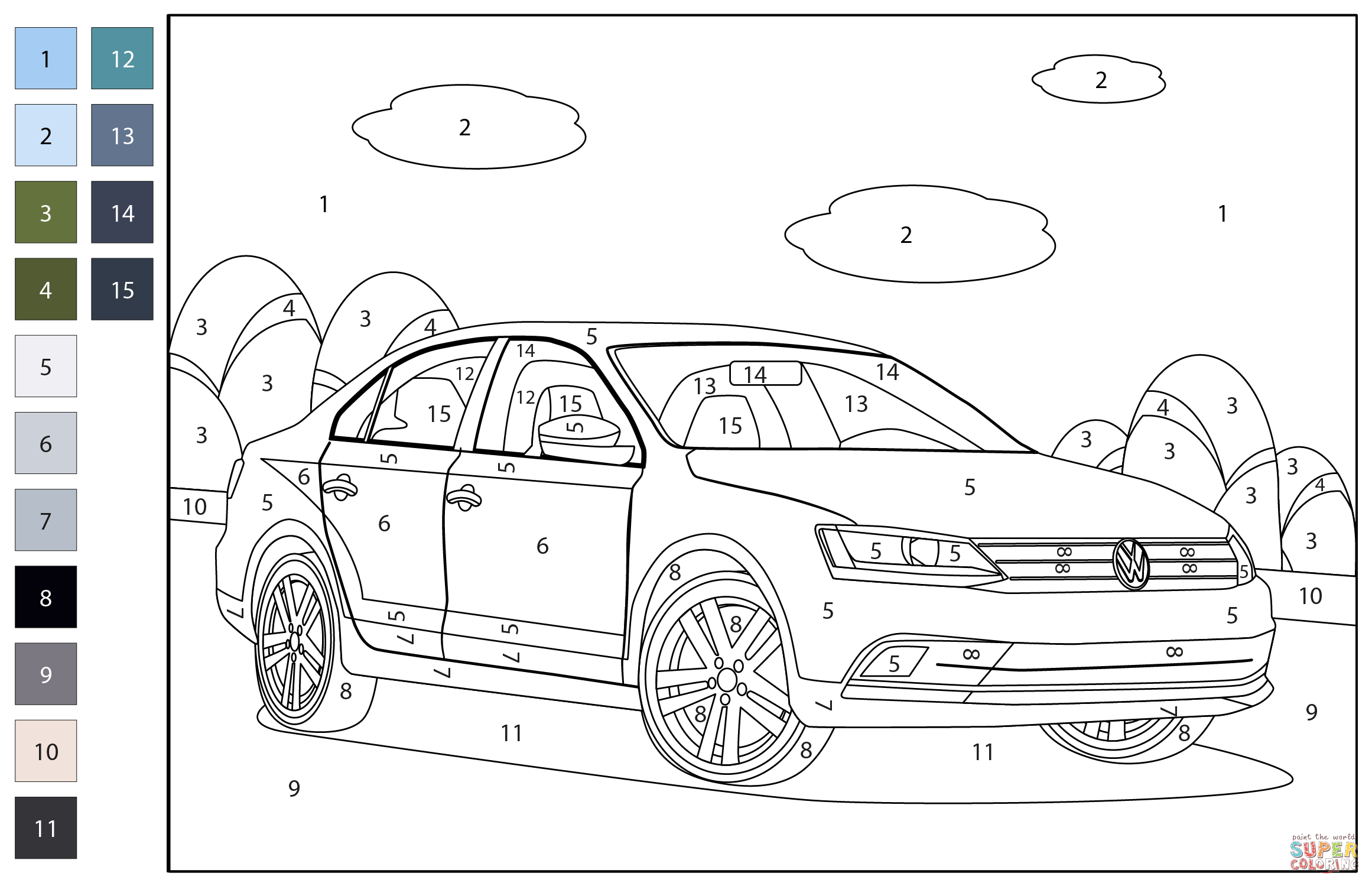 Volkswagen jetta color by number coloring page free printable coloring pages