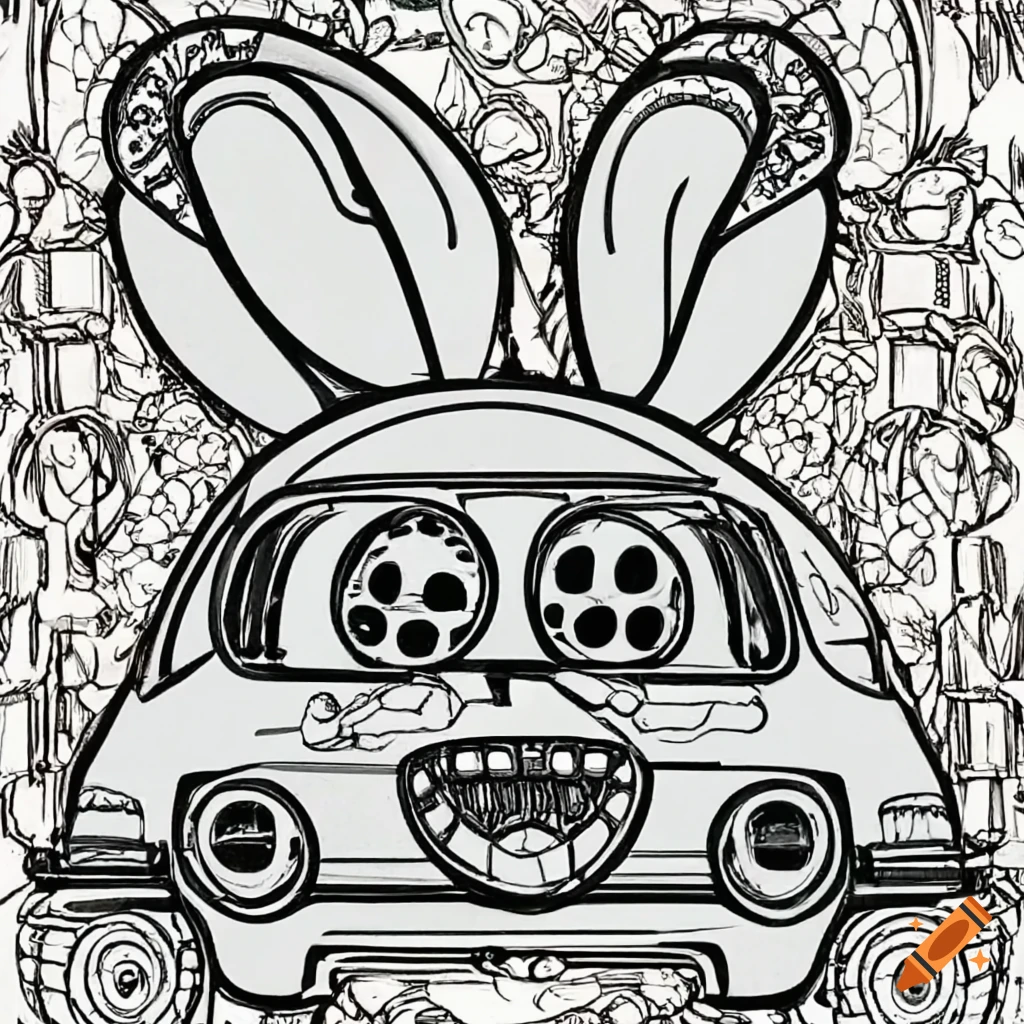 Psychadelic vw rabbit as a coloring book page on