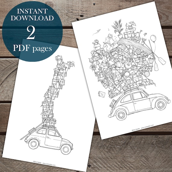 Classic car coloring pages for adults vintage luggage art printable page fiat and vw beetle