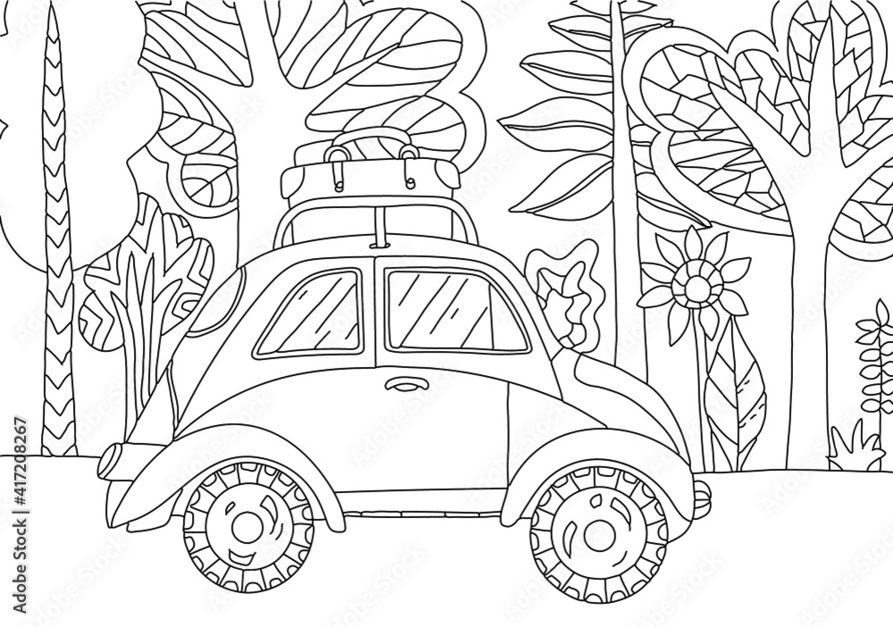 Hand drawing coloring page for kids and adults wild nature road travel beautiful drawing with patterns and small details coloring pictures vector vector