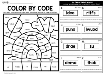 Winter color by sight word nd grade words unscramble the word worksheets