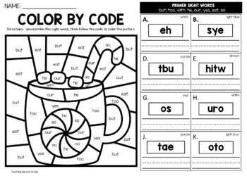 Winter color by sight word unscramble the word worksheets primer